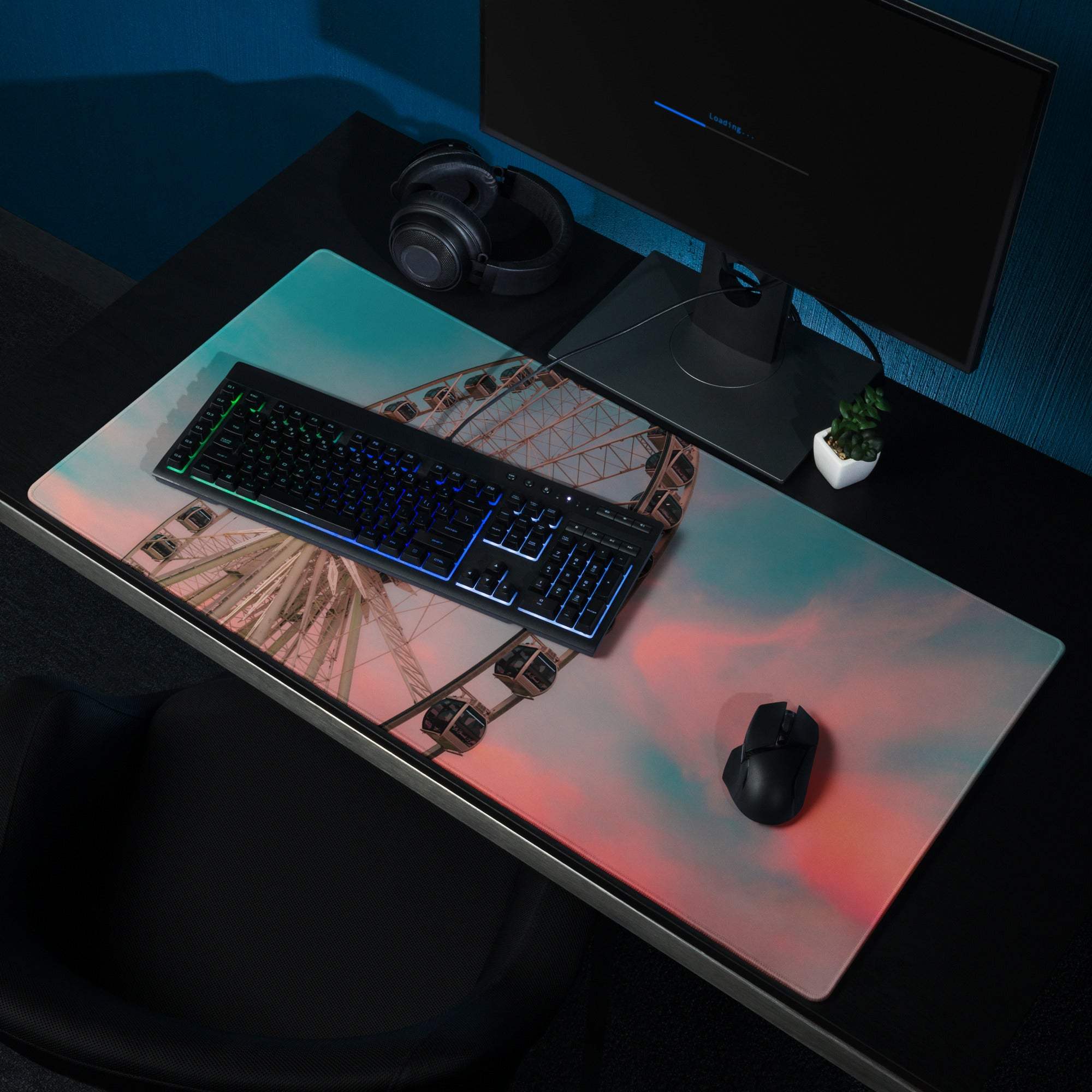 Dreamy Sunset Ferris Wheel gaming mouse pad with pink-teal gradient, non-slip base