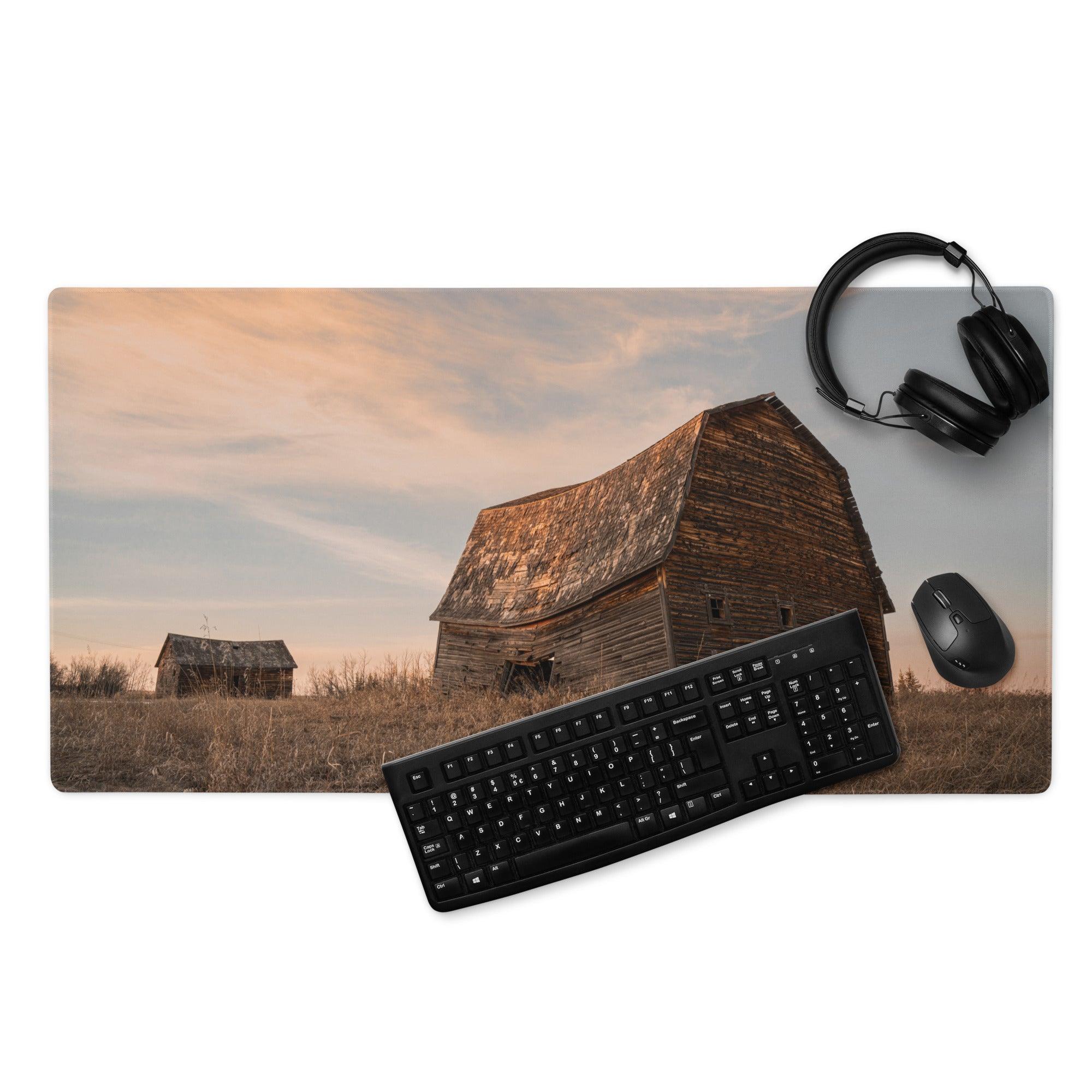 Large rustic barn landscape gaming mouse pad with warm sunset mood