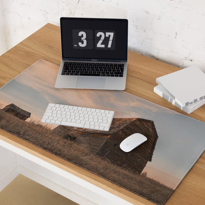 Large rustic barn sunset gaming mouse pad with non-slip stitched edges