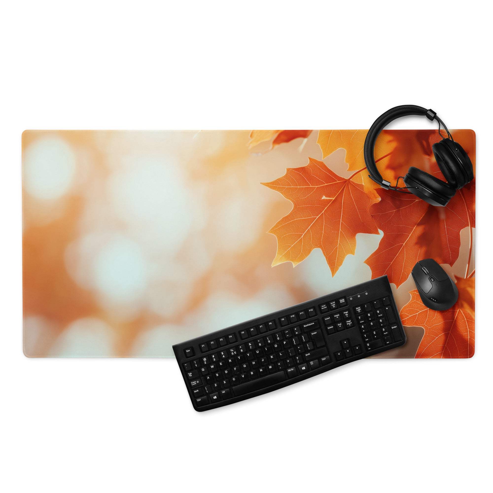 Autumn leaves maple leaf orange gaming mouse pad with keyboard and mouse