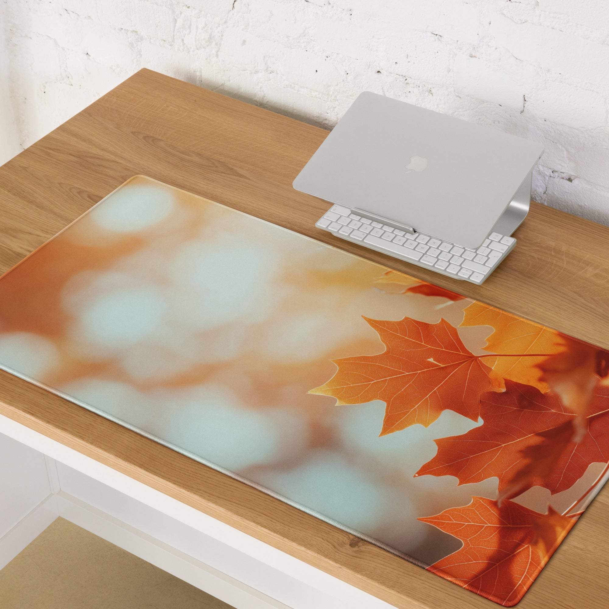 Autumn Leaves glass desk mat with orange red maple leaves design