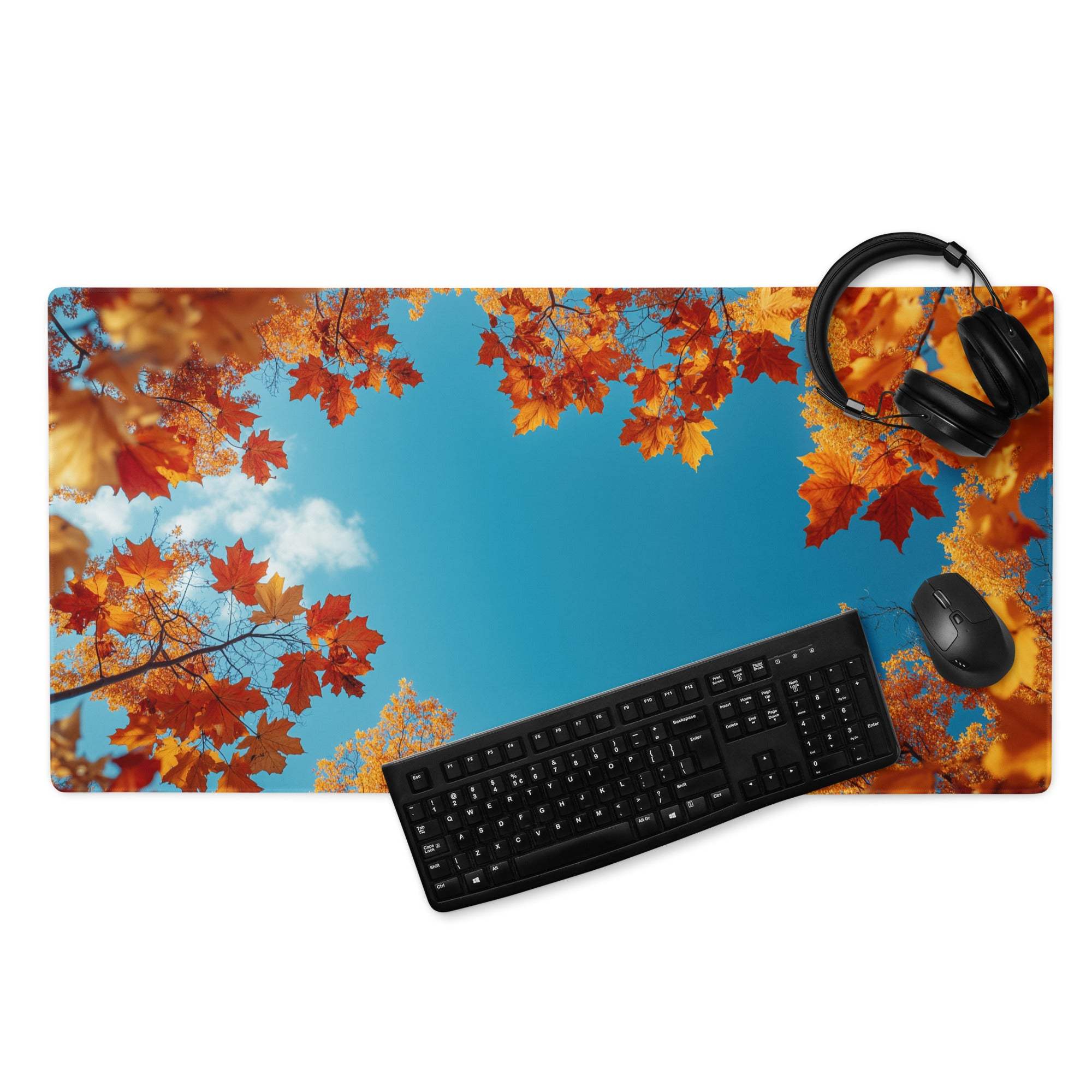 Autumn leaves frame over sky blue gaming mouse pad large non-slip base