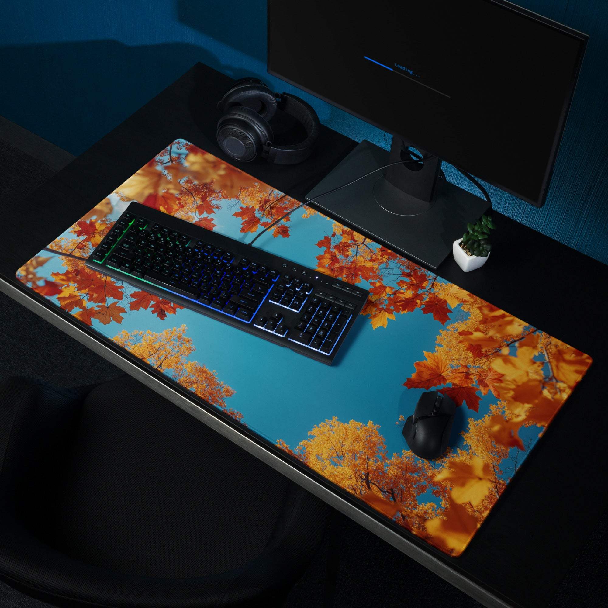 Autumn leaves frame over sky blue gaming mouse pad large non-slip base