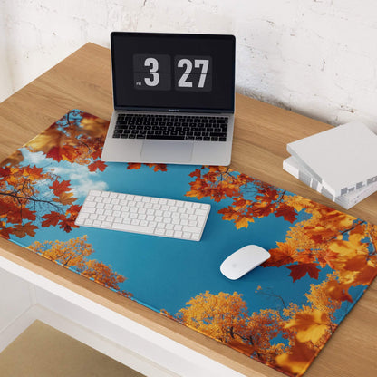 Autumn leaves frame over sky blue gaming mouse pad large non-slip base