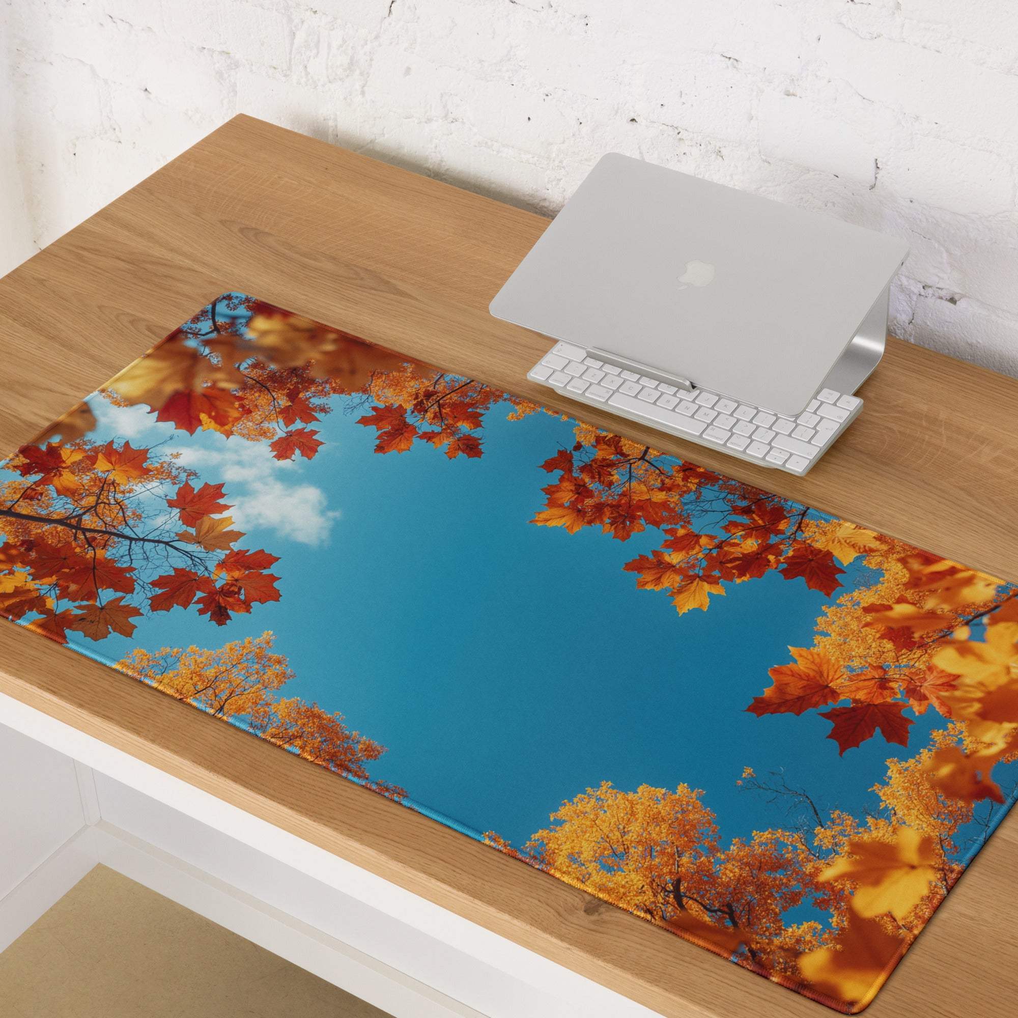 Autumn leaves frame over sky blue gaming mouse pad large non-slip base