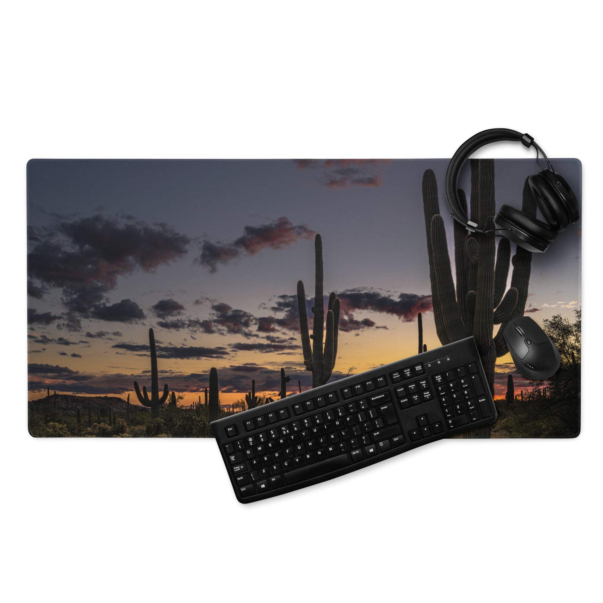 Large Desert Sunset Cactus Gaming Mouse Pad with saguaro sunset scene