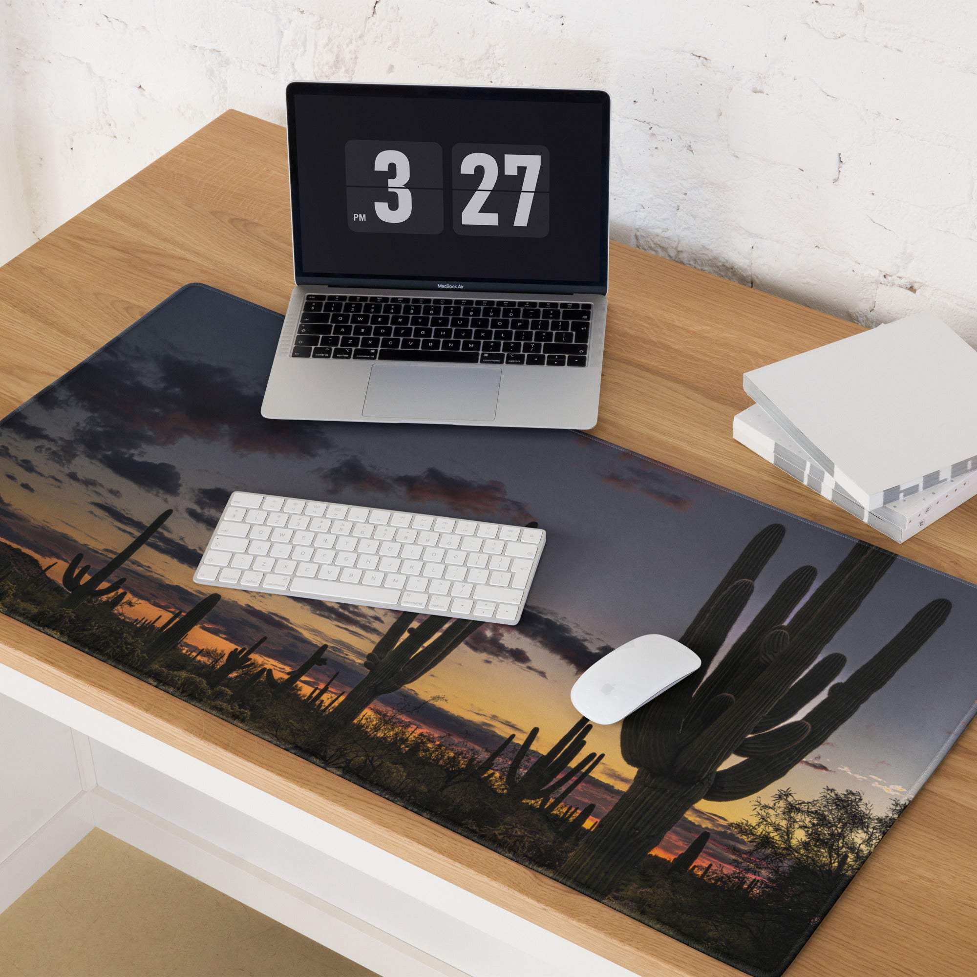 Desert Sunset Cactus gaming mouse pad with non-slip backing and stitched edges
