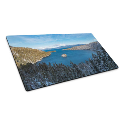 Lake Tahoe rectangular glass cutting board with snow trees and blue water
