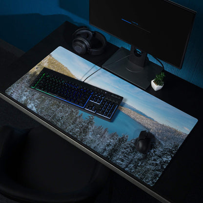 Serene winter landscape gaming mousepad with snowy forest and lake