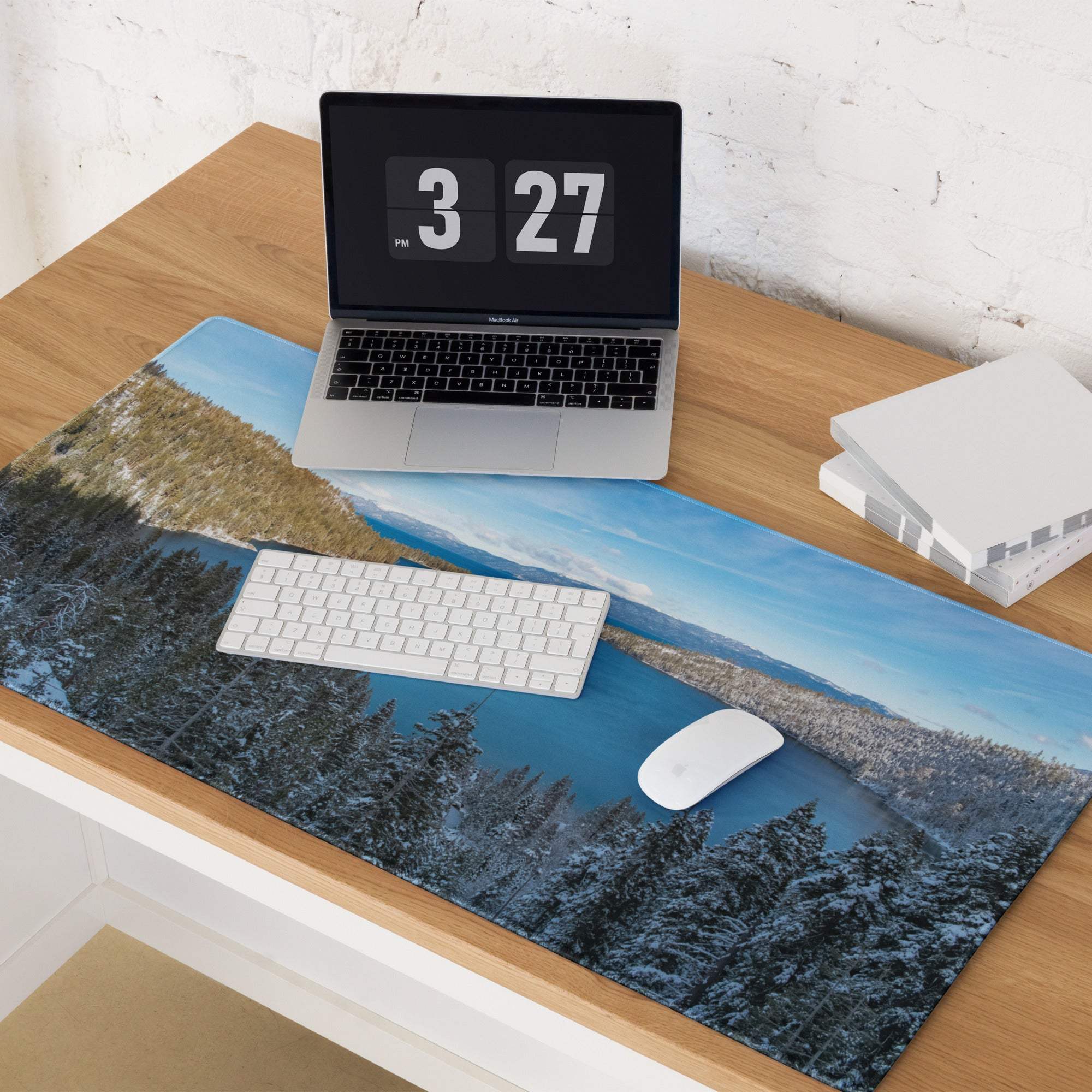 Serene winter landscape gaming mouse pad with snow trees lake non-slip base