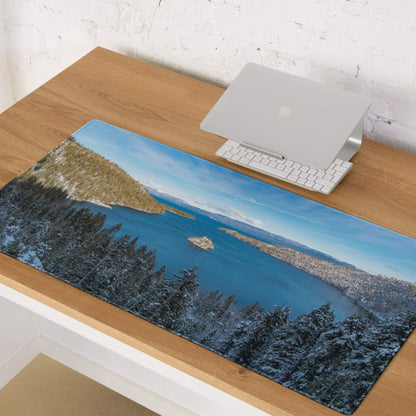 Serene winter lake mouse pad with snow pines, non-slip base, stitched edges