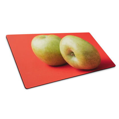 Red rectangular cutting board with printed duo green apples