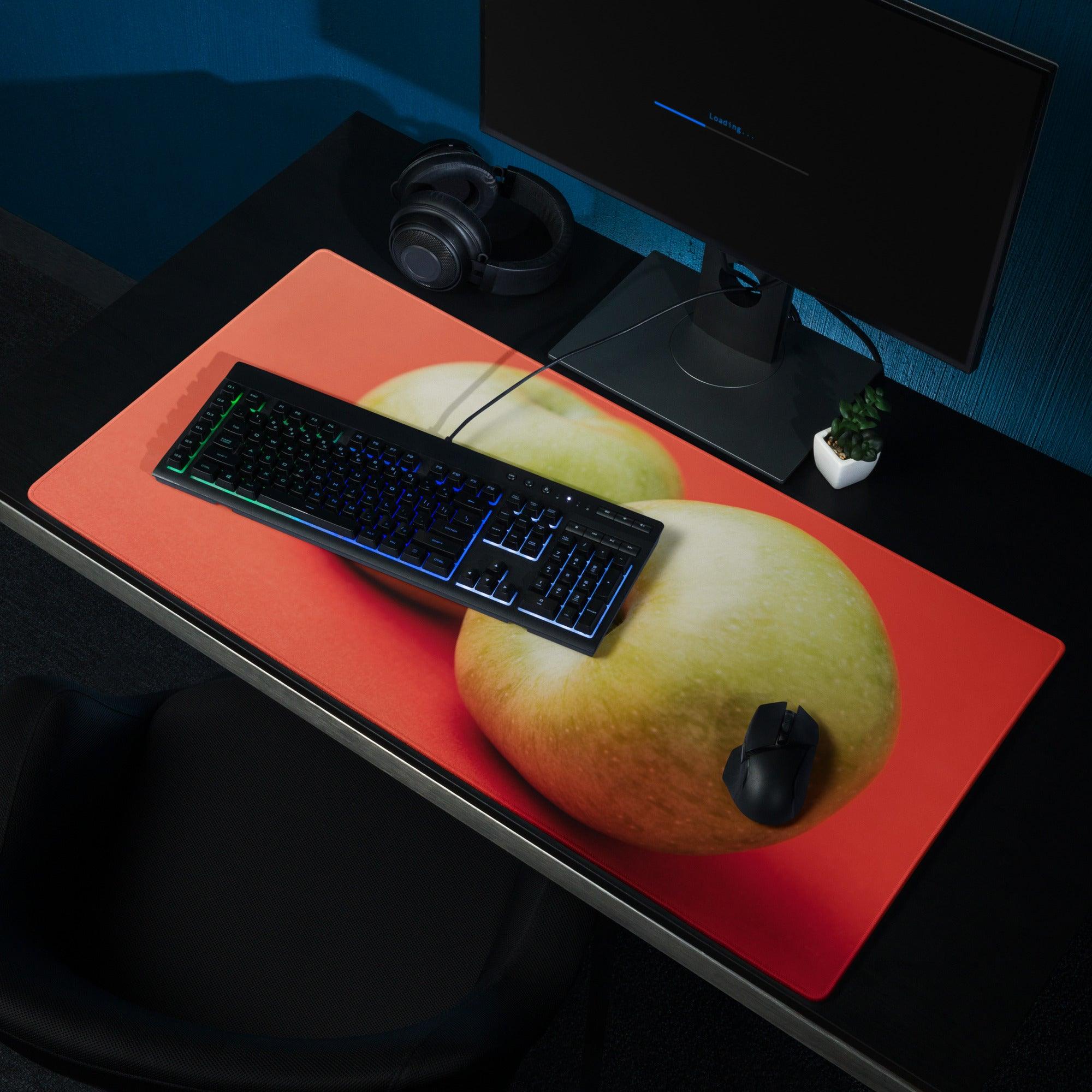 Orange mousepad with vibrant yellow-green pear print and non-slip base
