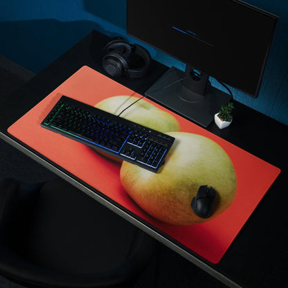 Orange mousepad with vibrant yellow-green pear print and non-slip base