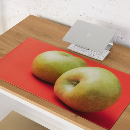 Red rectangular mousepad with realistic green apple duo print and non-slip base