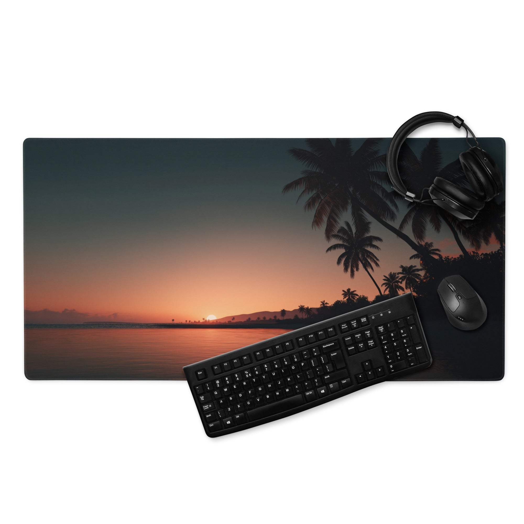 Vibrant tropical sunset over ocean with palm tree silhouettes on large gaming mouse pad