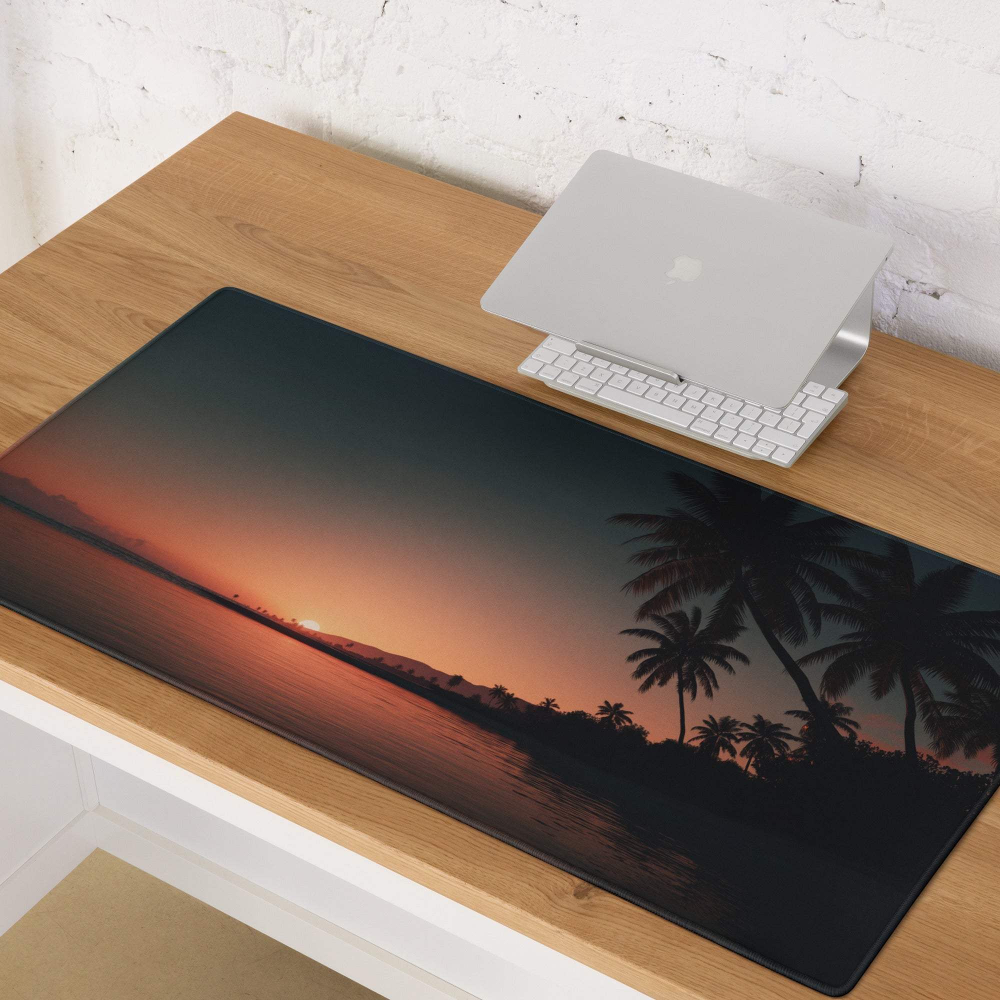 Vibrant tropical sunset over ocean with palm tree silhouettes on large gaming mouse pad
