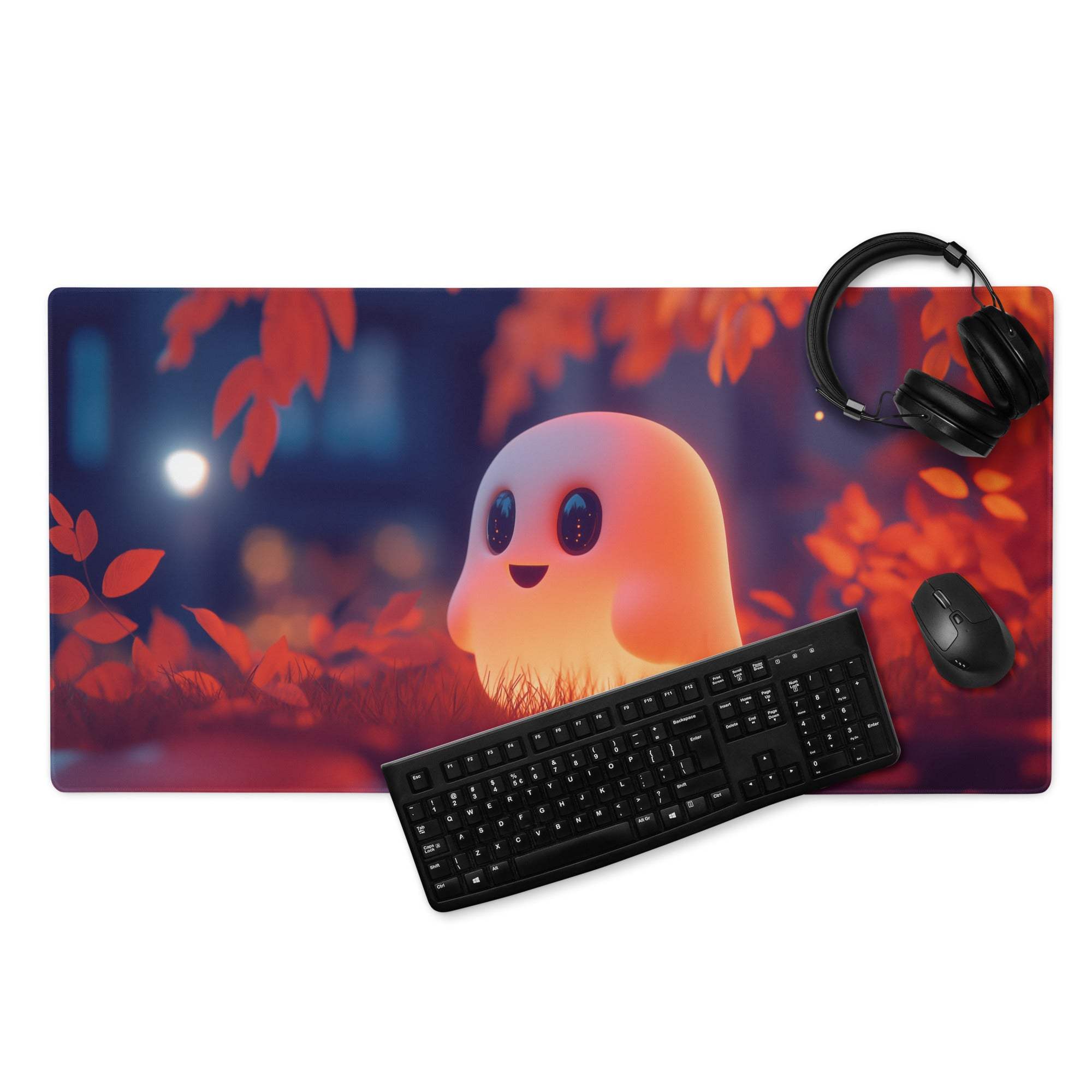 Whimsical ghost warm orange glow large gaming mouse pad with autumn leaves