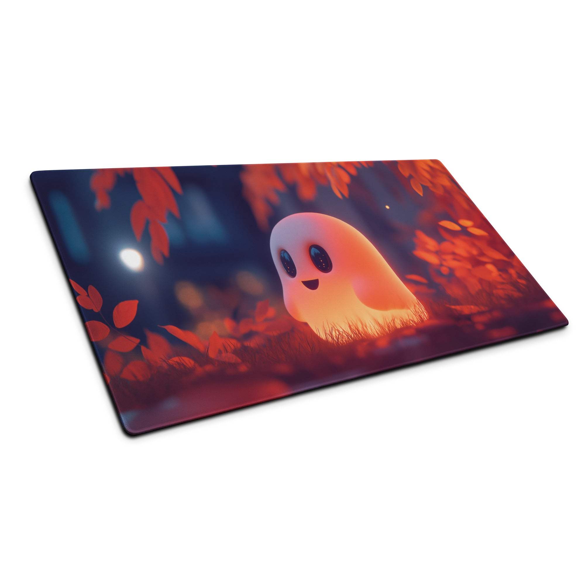 Whimsical ghost warm orange glow large gaming mouse pad with autumn leaves