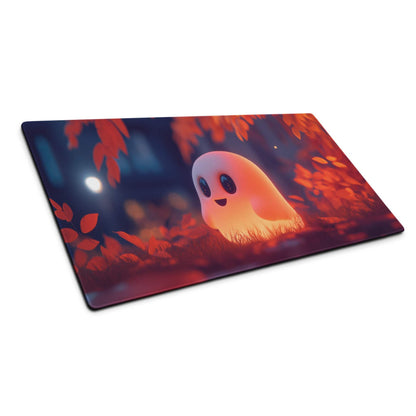 Whimsical ghost warm orange glow large gaming mouse pad with autumn leaves