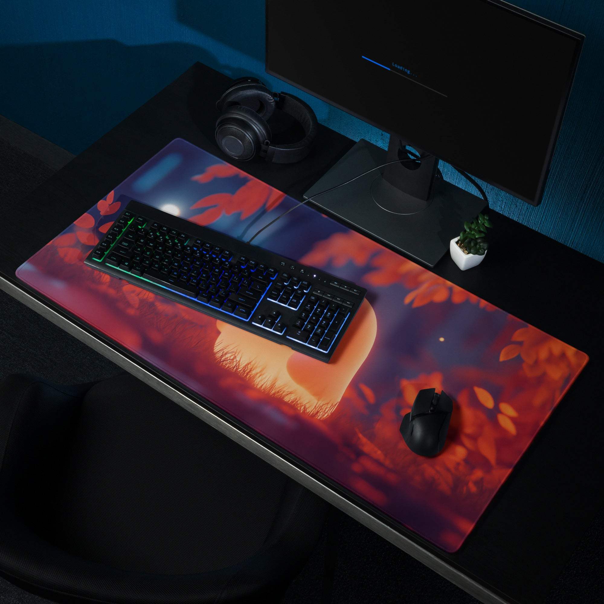 Whimsical ghost warm orange glow gaming mousepad with autumn falling leaves