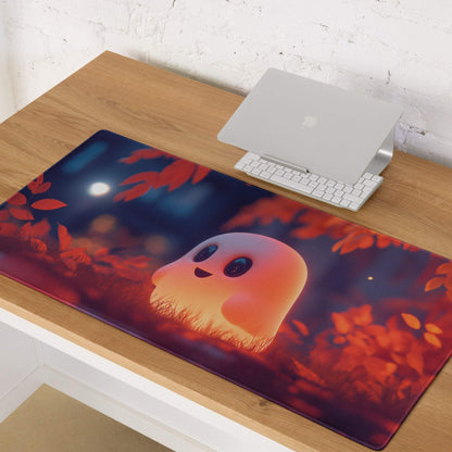 Whimsical ghost warm orange glow gaming mouse pad with red autumn leaves