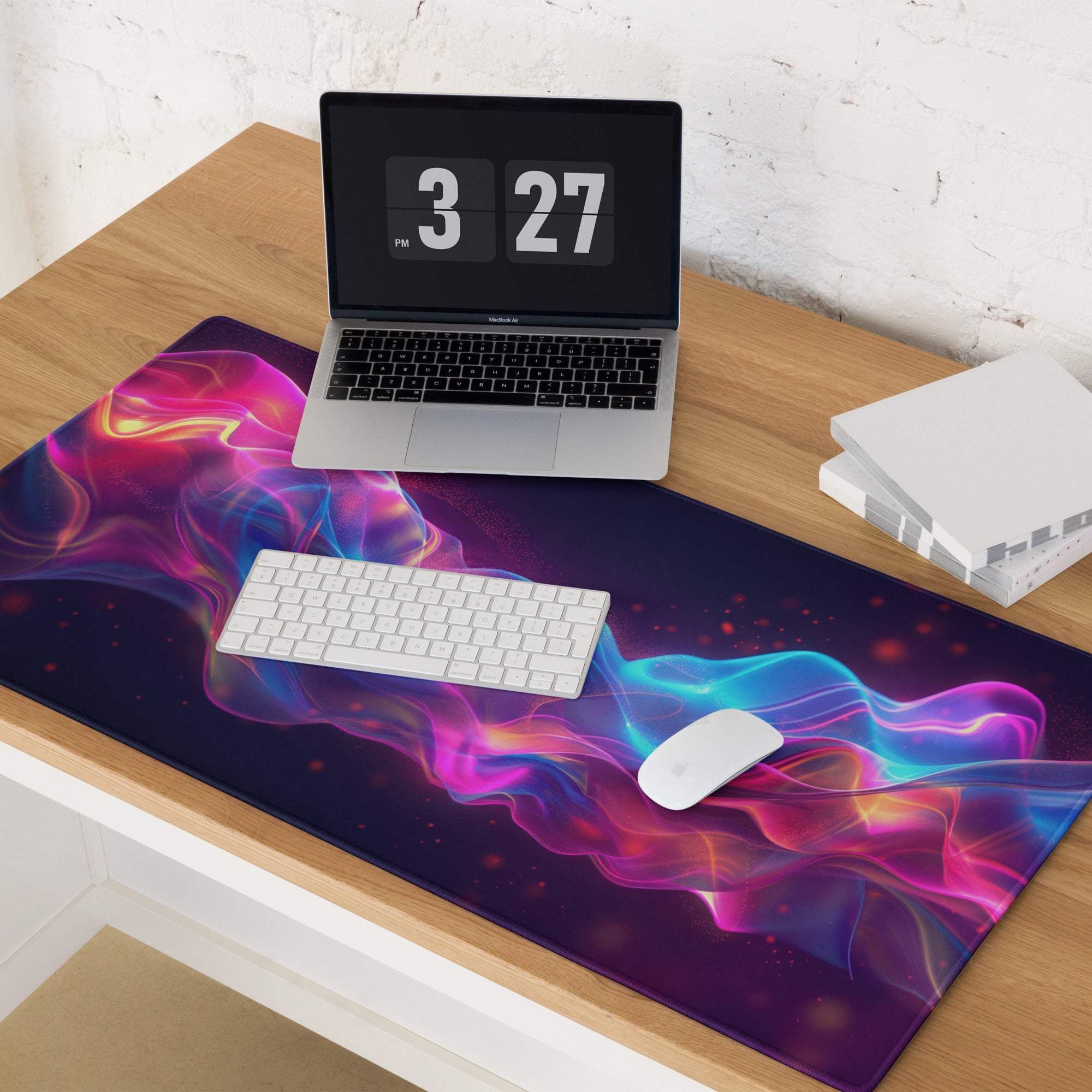 Vibrant neon wave extra large gaming mouse pad with cosmic swirls and non-slip backing