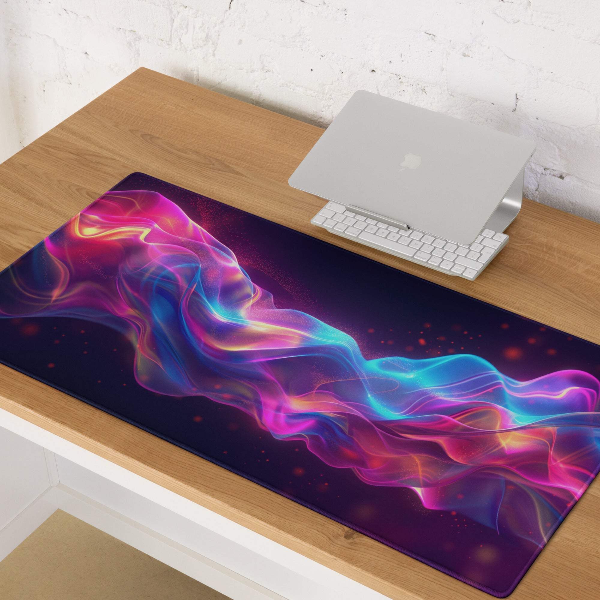 Vibrant neon pink blue purple swirls on extra large gaming mouse pad
