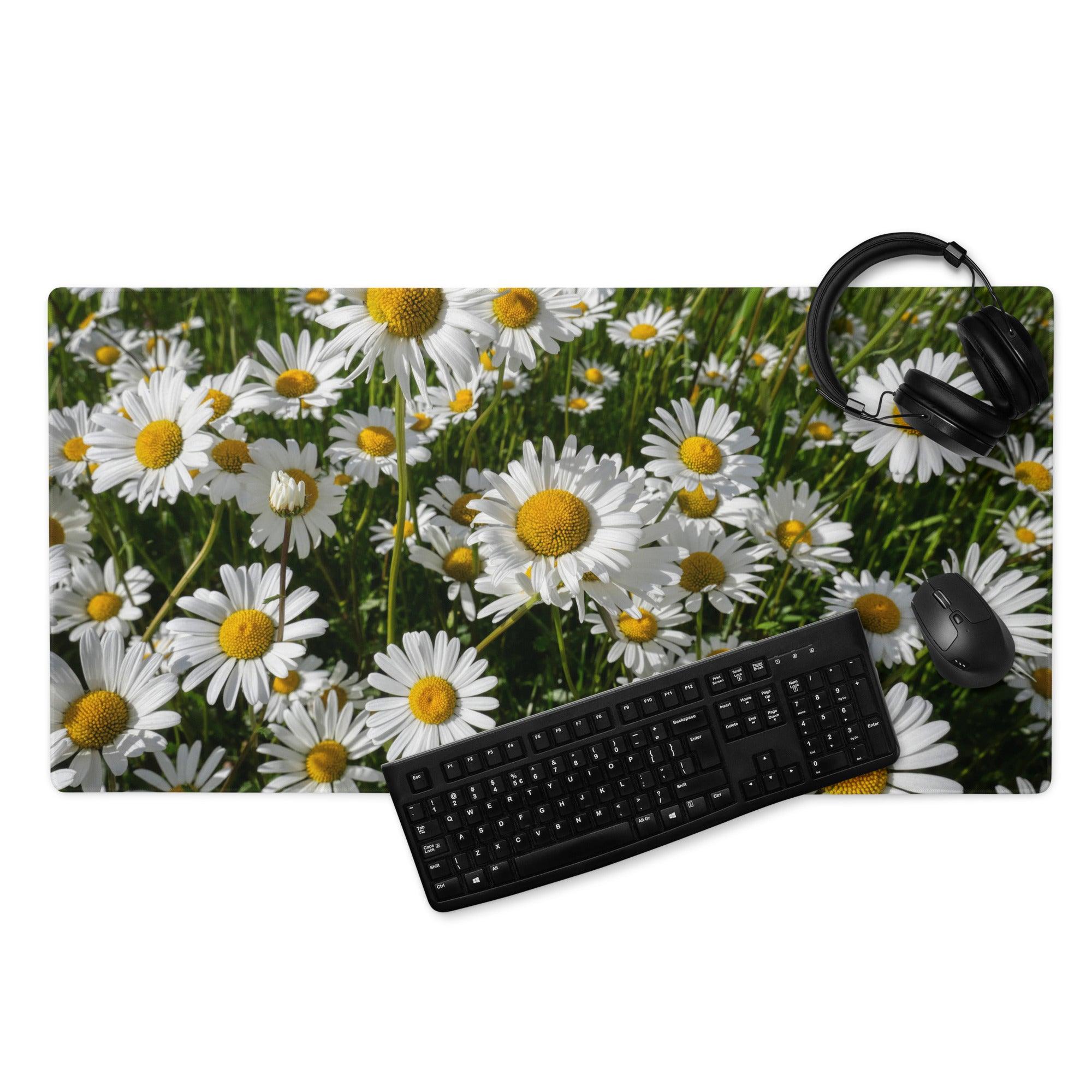 Floral daisy field gaming mouse pad with white daisies on green grass