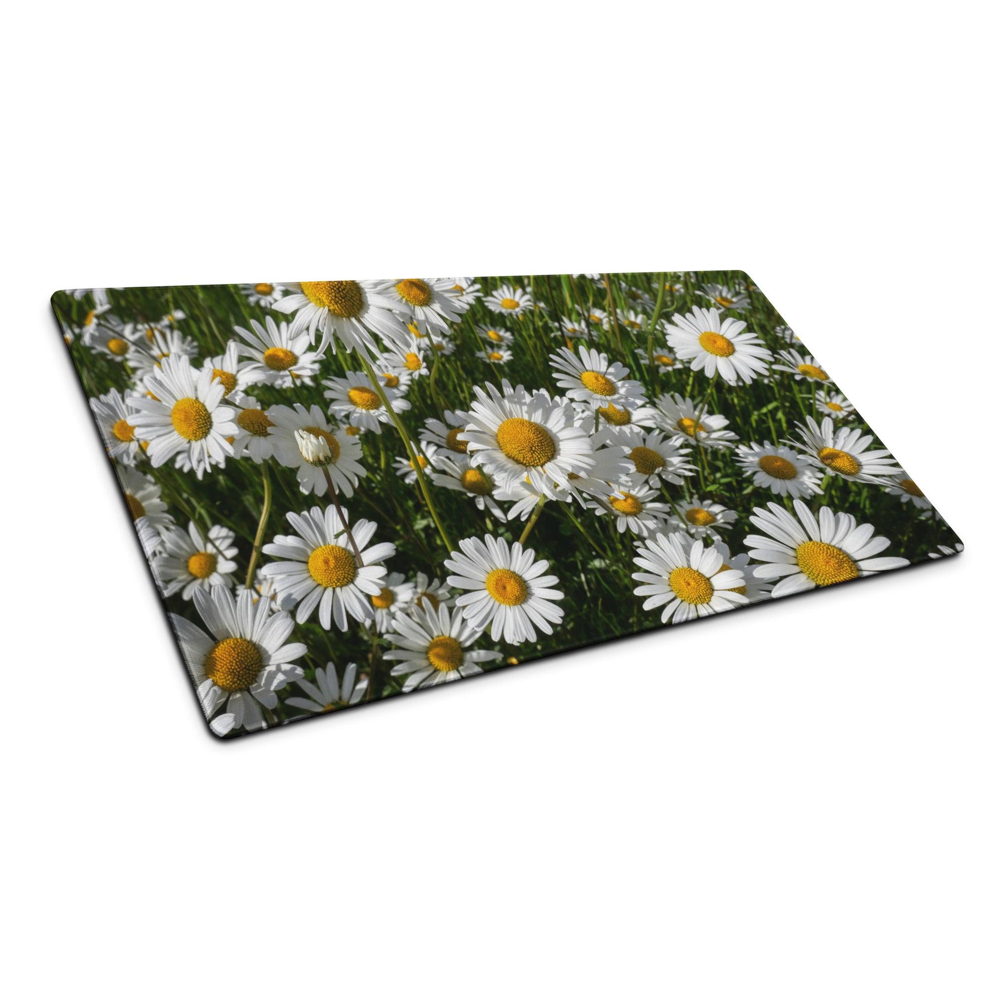 Vibrant white daisy field print on large rectangular glass cutting board