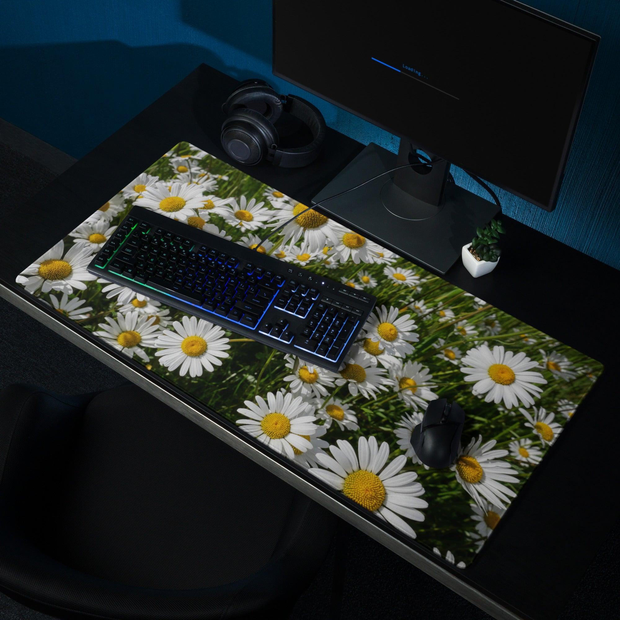 Floral daisy field gaming mouse pad with white daisies, non-slip base, stitched edges