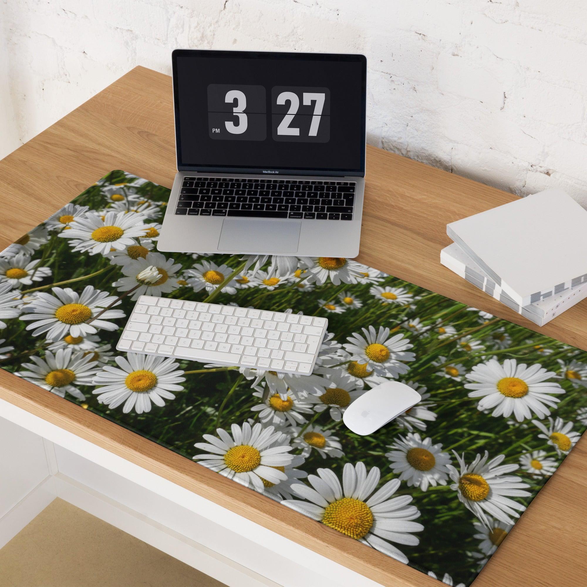Vibrant white daisy field gaming mouse pad, large non-slip base, stitched edges