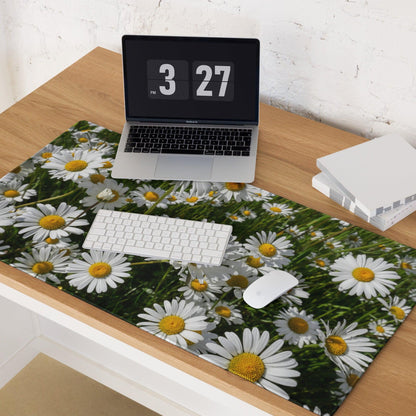 Vibrant white daisy field gaming mouse pad, large non-slip base, stitched edges