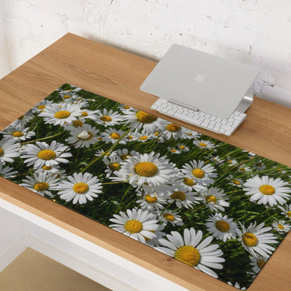 Vibrant white daisy field gaming mouse pad with non-slip base