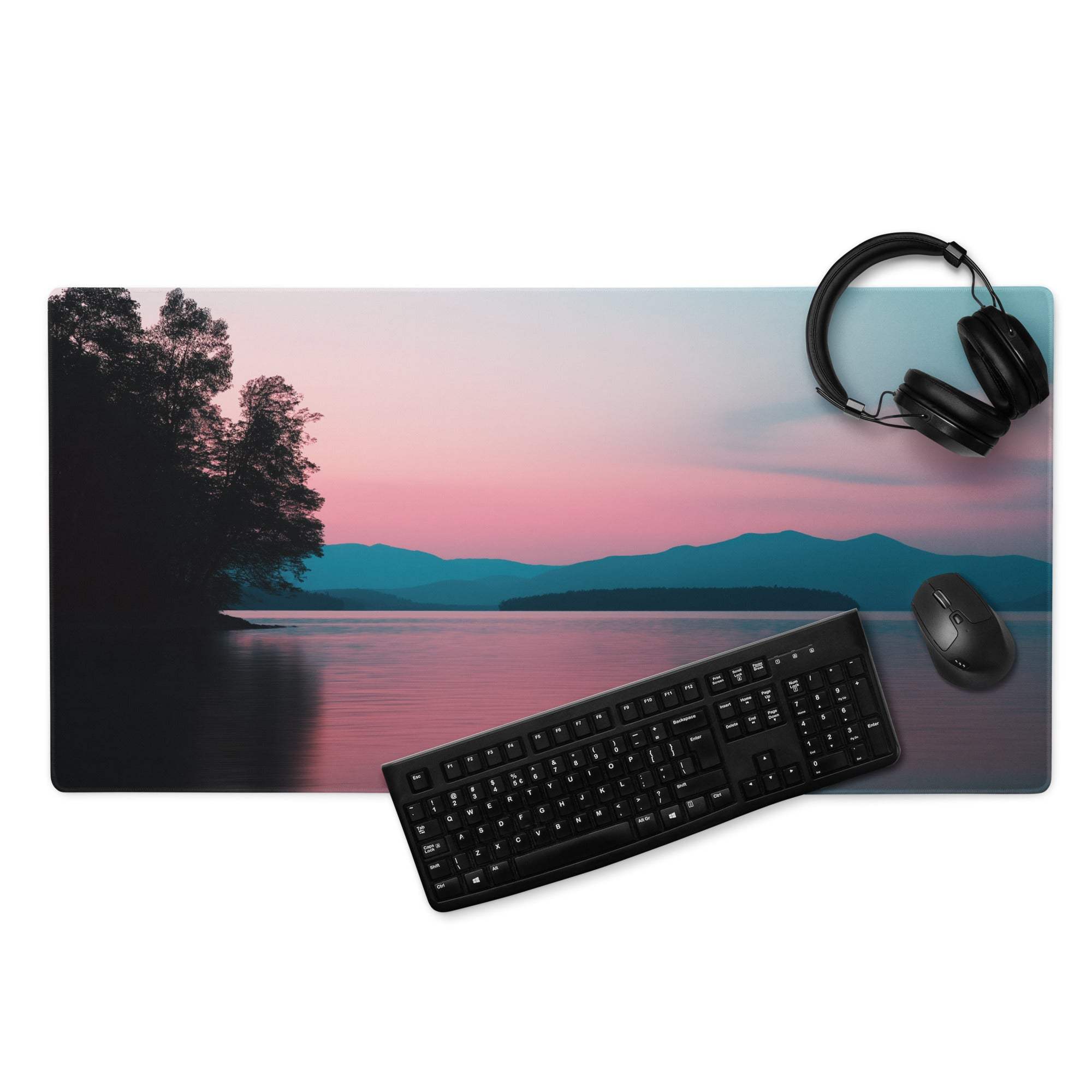 Calm sunset lakeside mouse pad with mountains, non-slip base, stitched edges