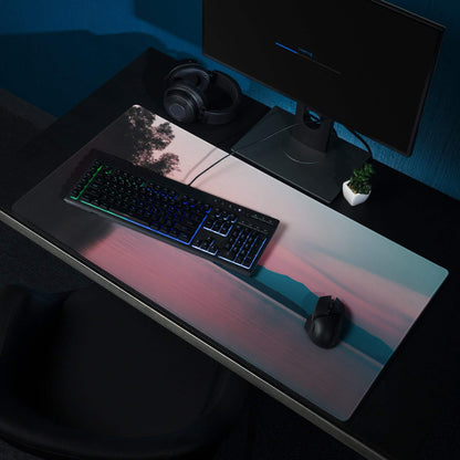 Calm Sunset gradient mouse pad with trees, non-slip base, stitched edges