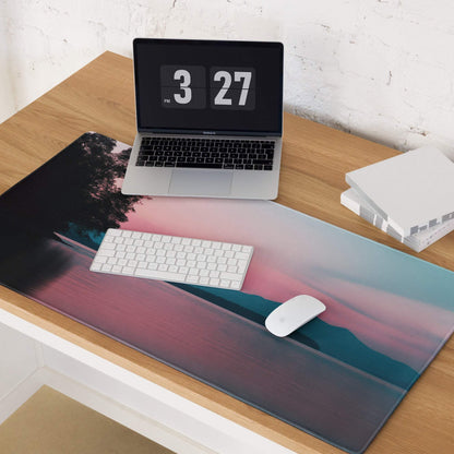 Calm sunset gradient mouse pad with pink teal hues, trees, non-slip base