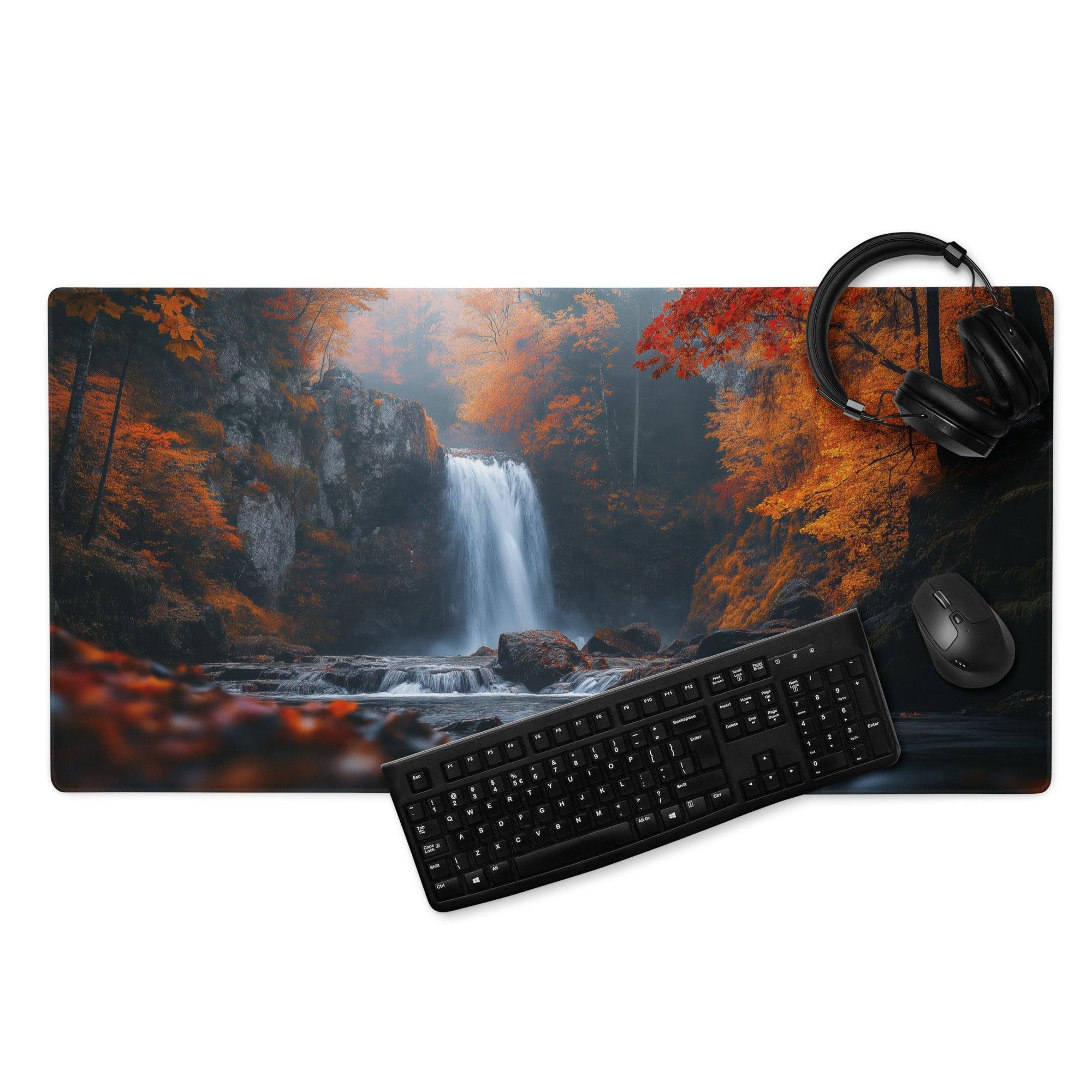 Autumn forest waterfall gaming mouse pad with non-slip backing
