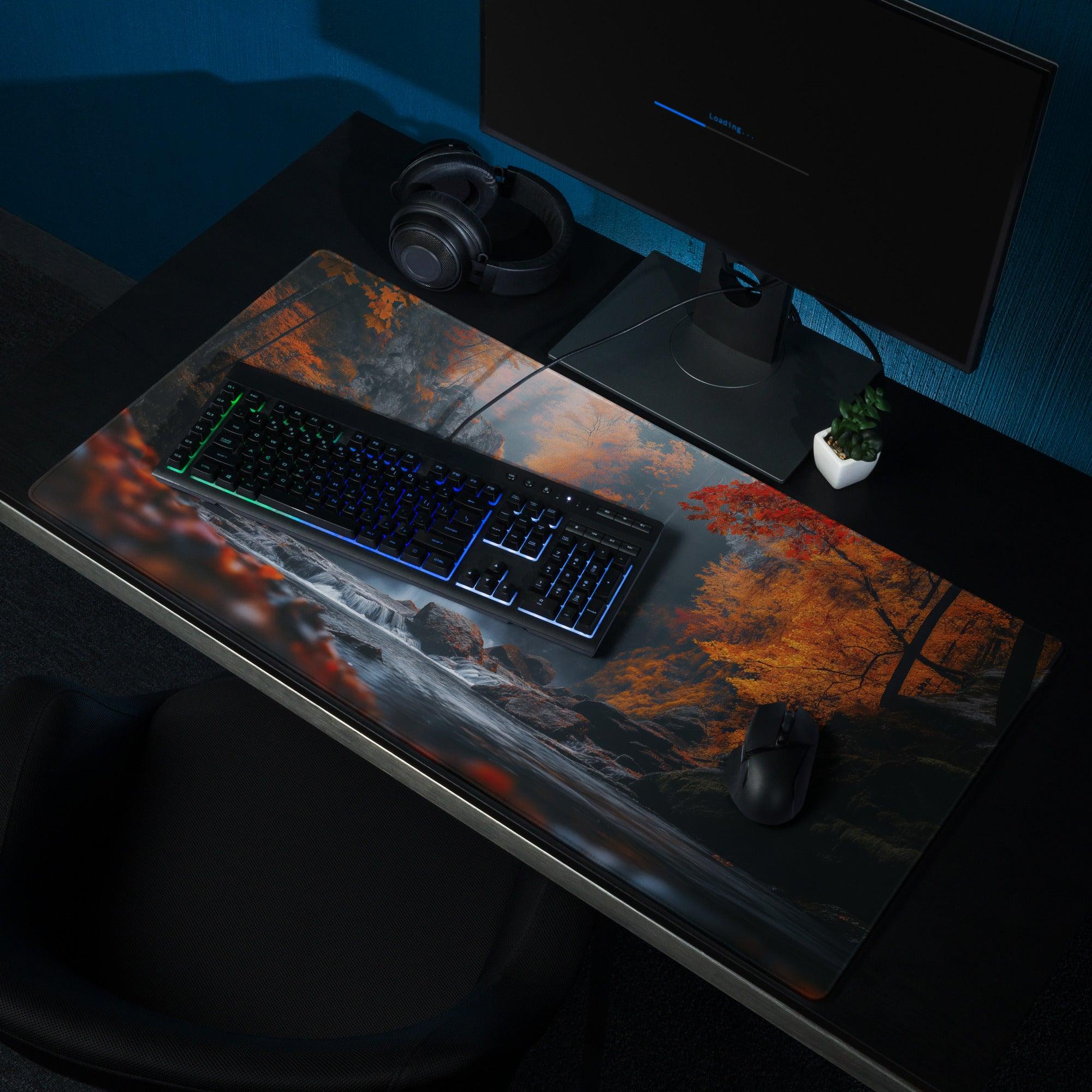 Autumn forest waterfall large gaming mouse pad with non-slip backing