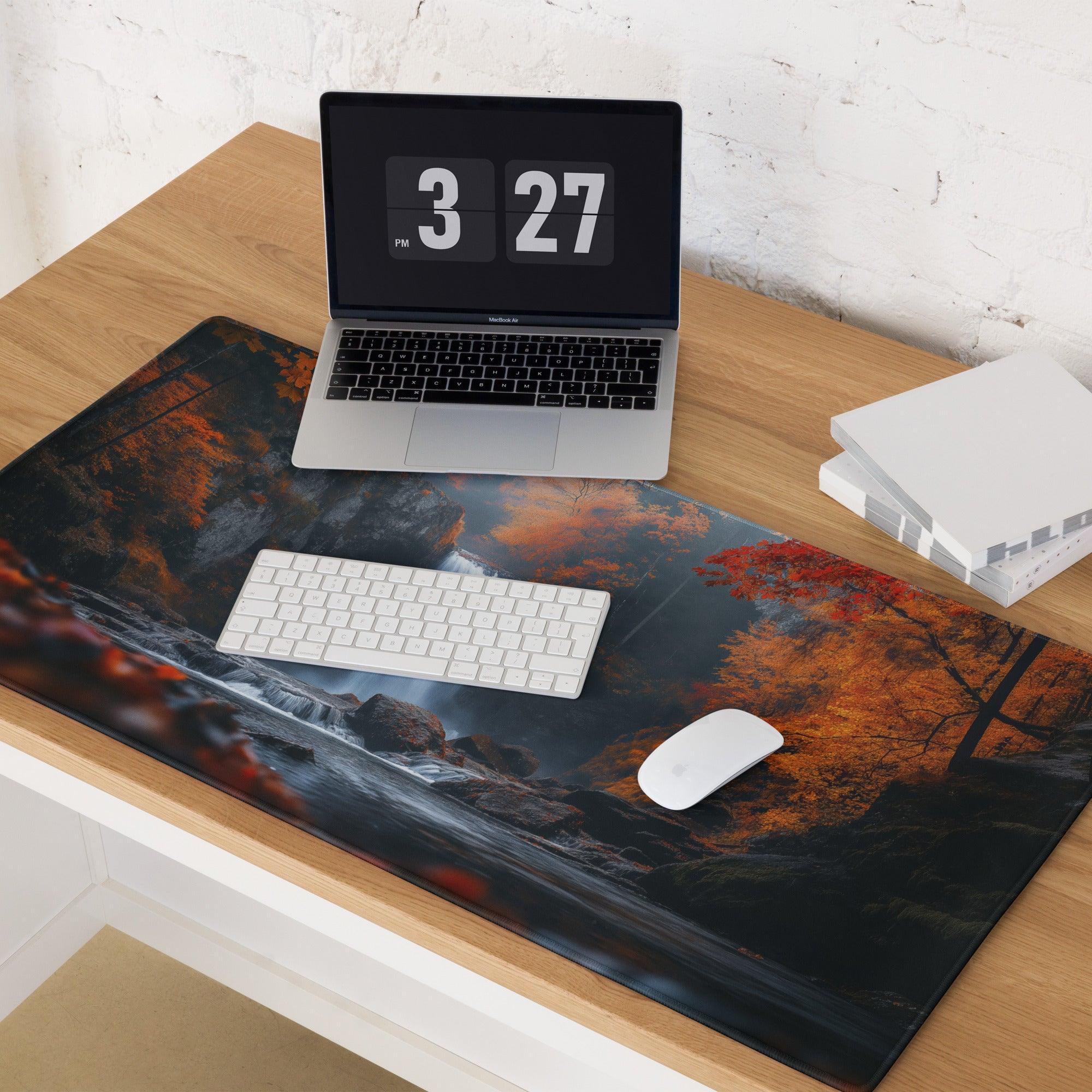 Autumn forest waterfall gaming mouse pad with non-slip backing