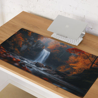 Autumn Forest Waterfall large gaming mouse pad with vivid orange foliage