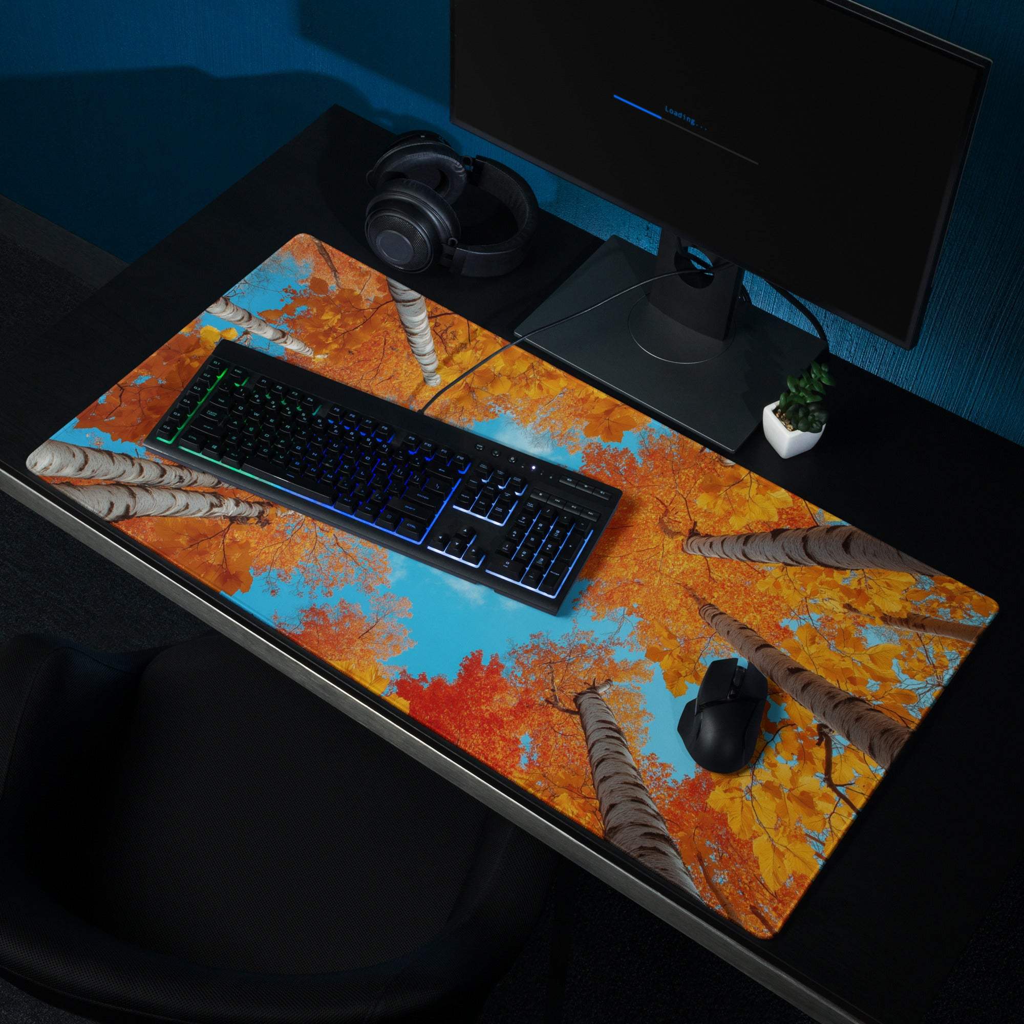 Autumn forest gaming mouse pad with birch trees, orange foliage, blue sky