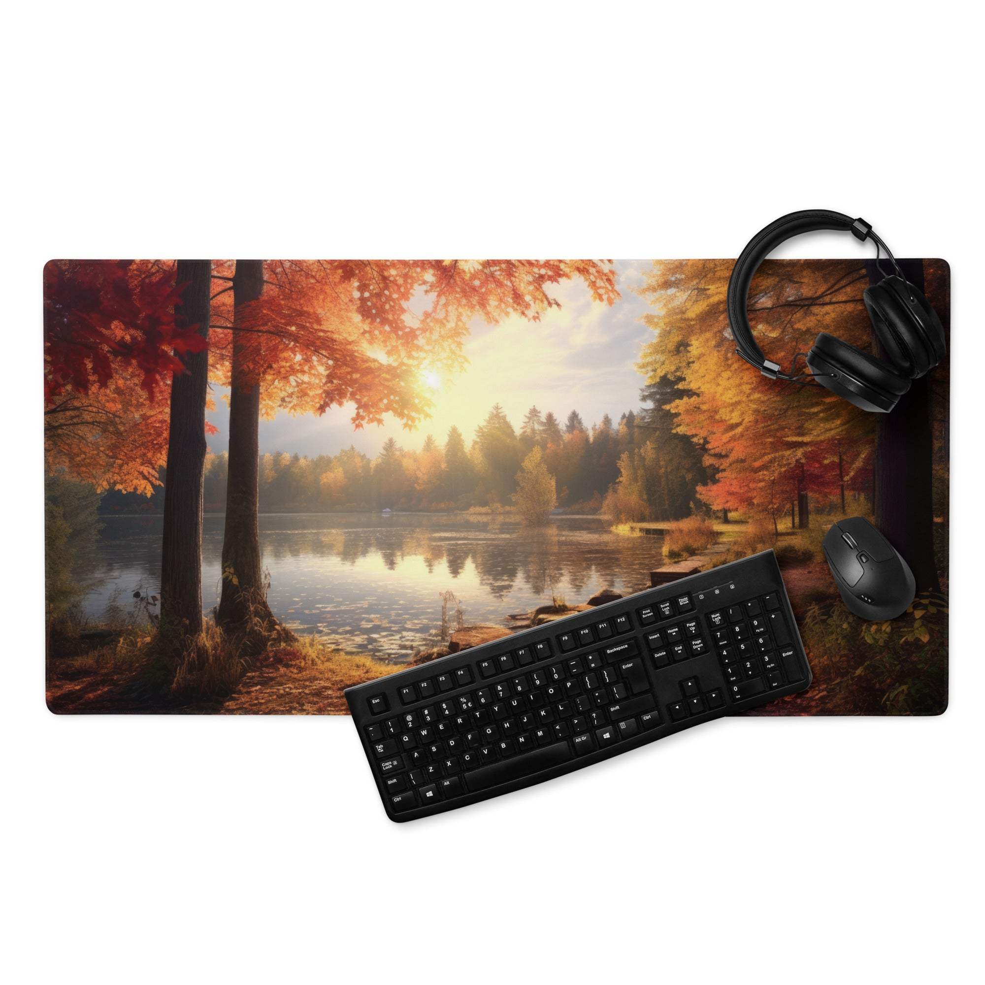 Cozy autumn forest lake sunset gaming mouse pad with golden glow