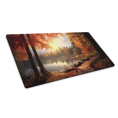 Cozy autumn forest lake sunset mouse pad with golden glow scene