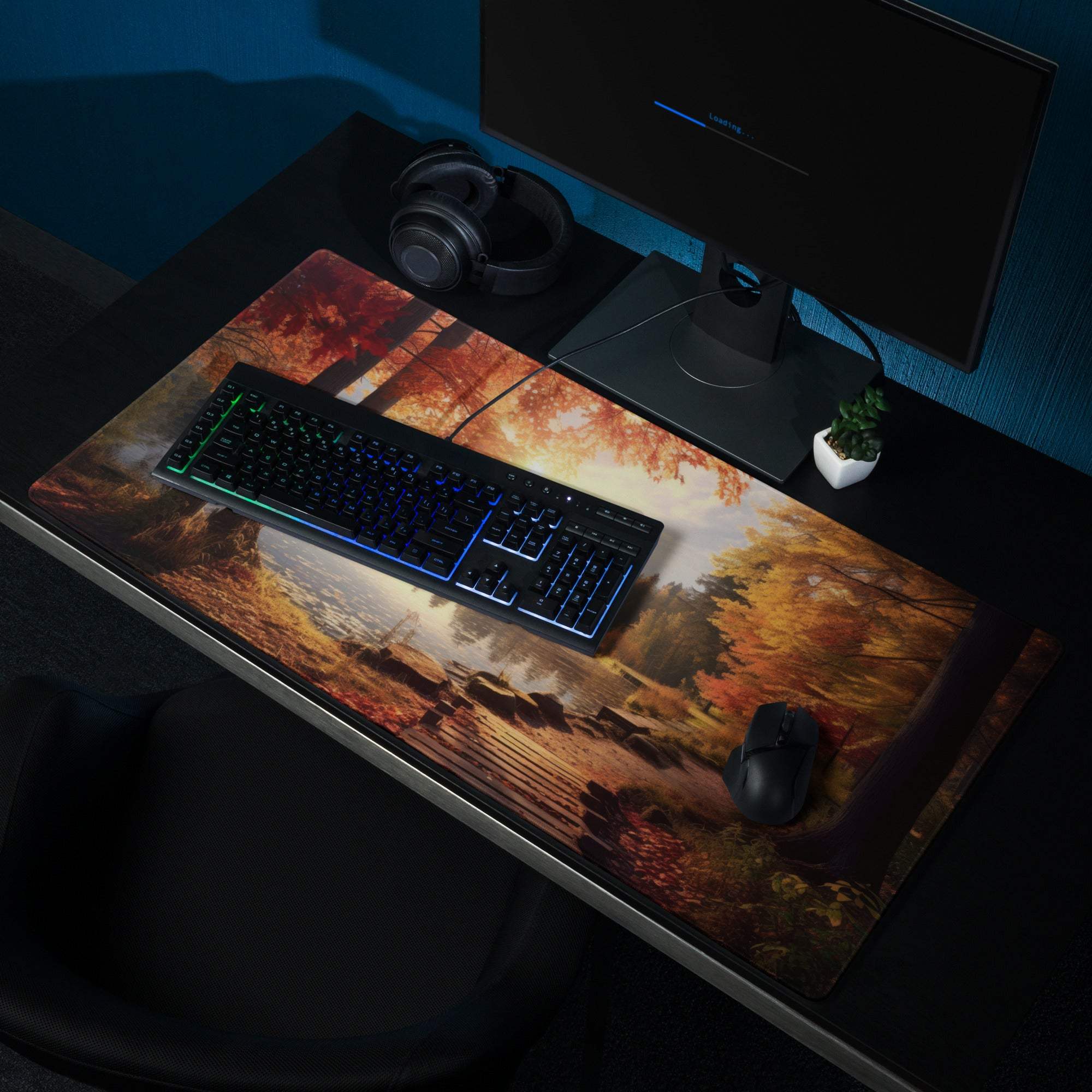 Cozy autumn forest lake sunset gaming mousepad in warm golden glow