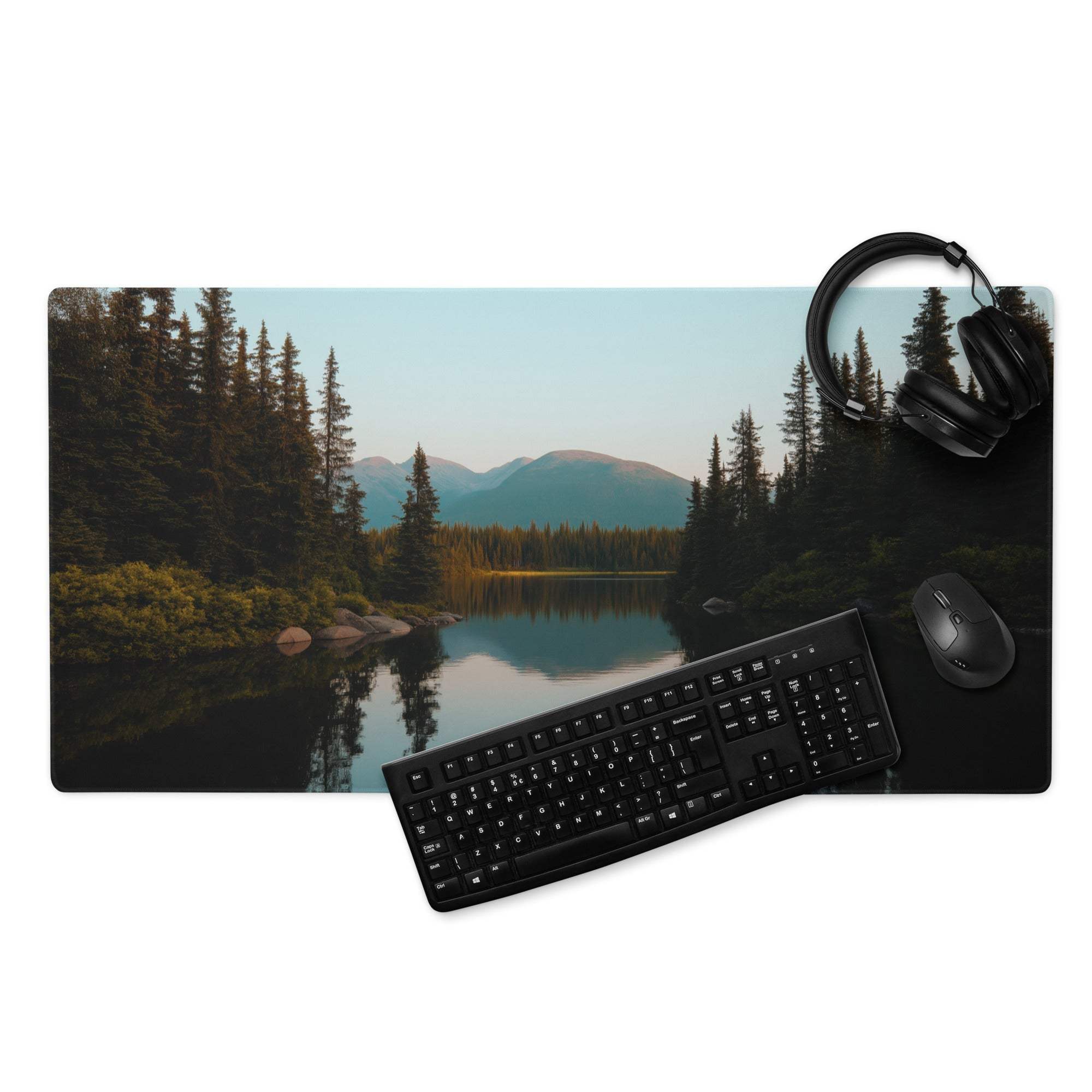 Black keyboard mouse on Calm Nature Scene gaming mouse pad with lake pines mountains