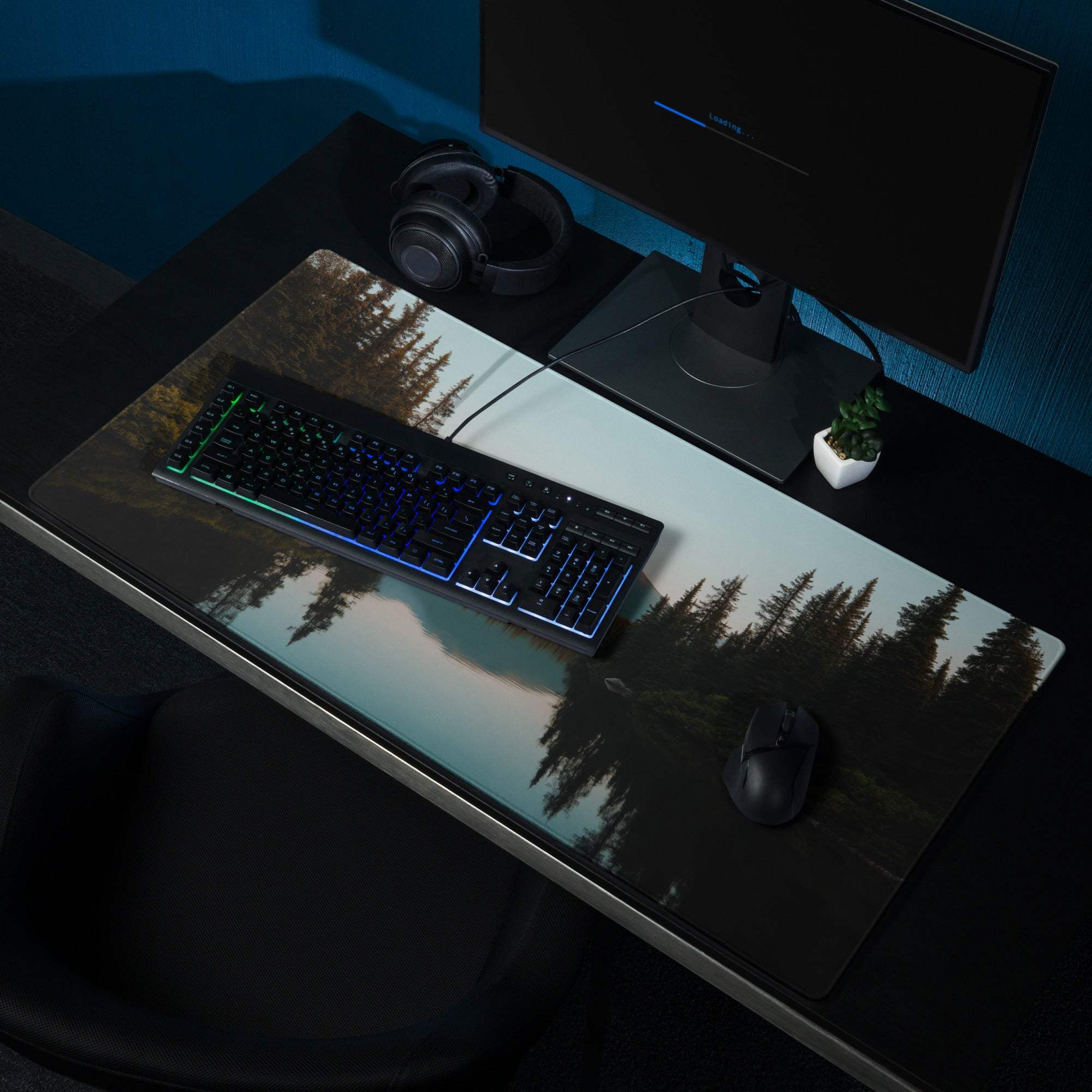 Calm nature scene large gaming mouse pad with serene forest reflection