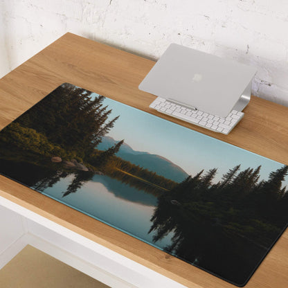 Calm nature lake gaming mouse pad with serene forest scene and non-slip base