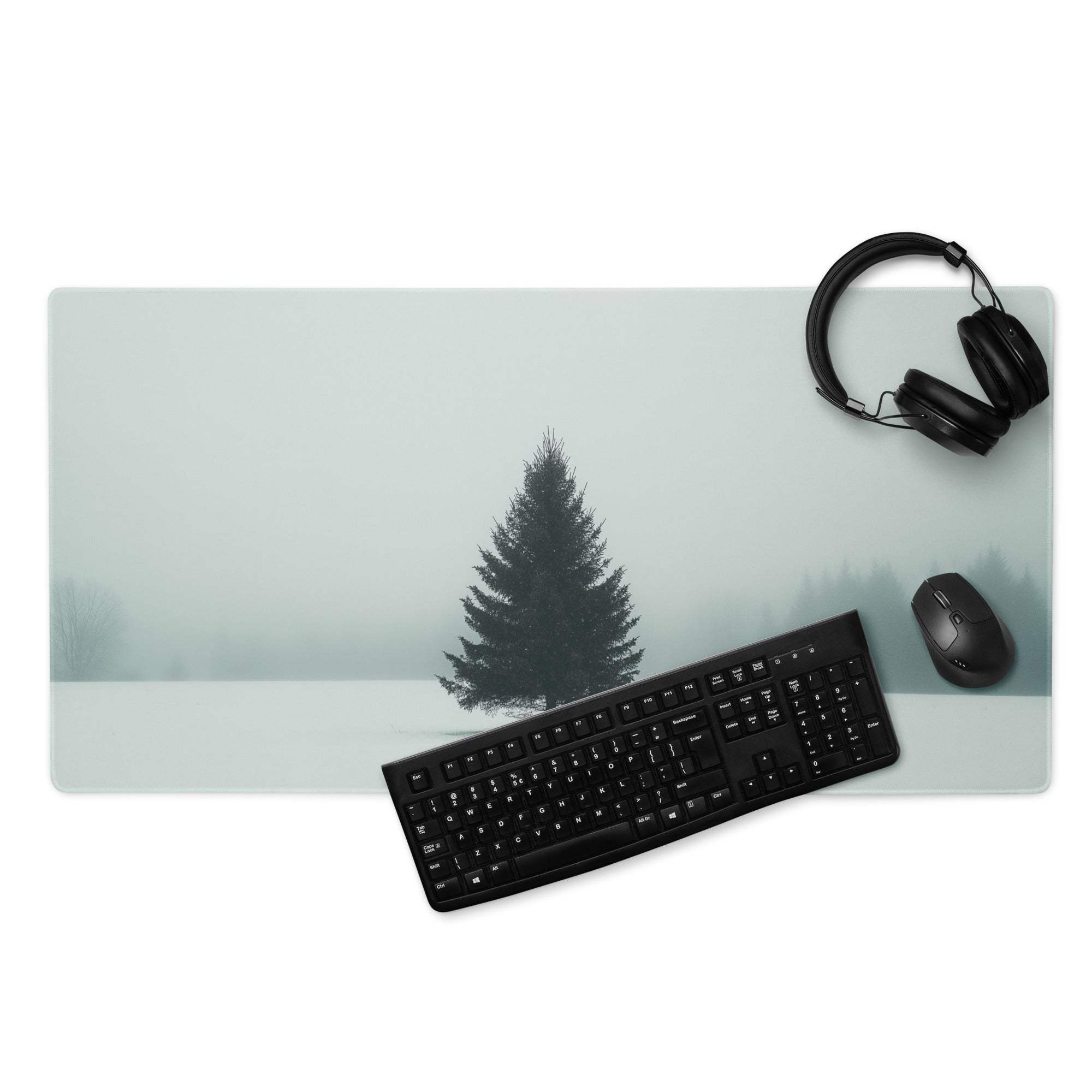Minimalist light teal winter pine tree snowy forest gaming mouse pad