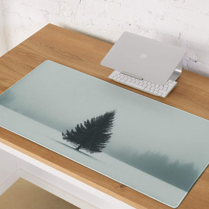 Minimalist dark green pine tree on misty teal gaming mouse pad